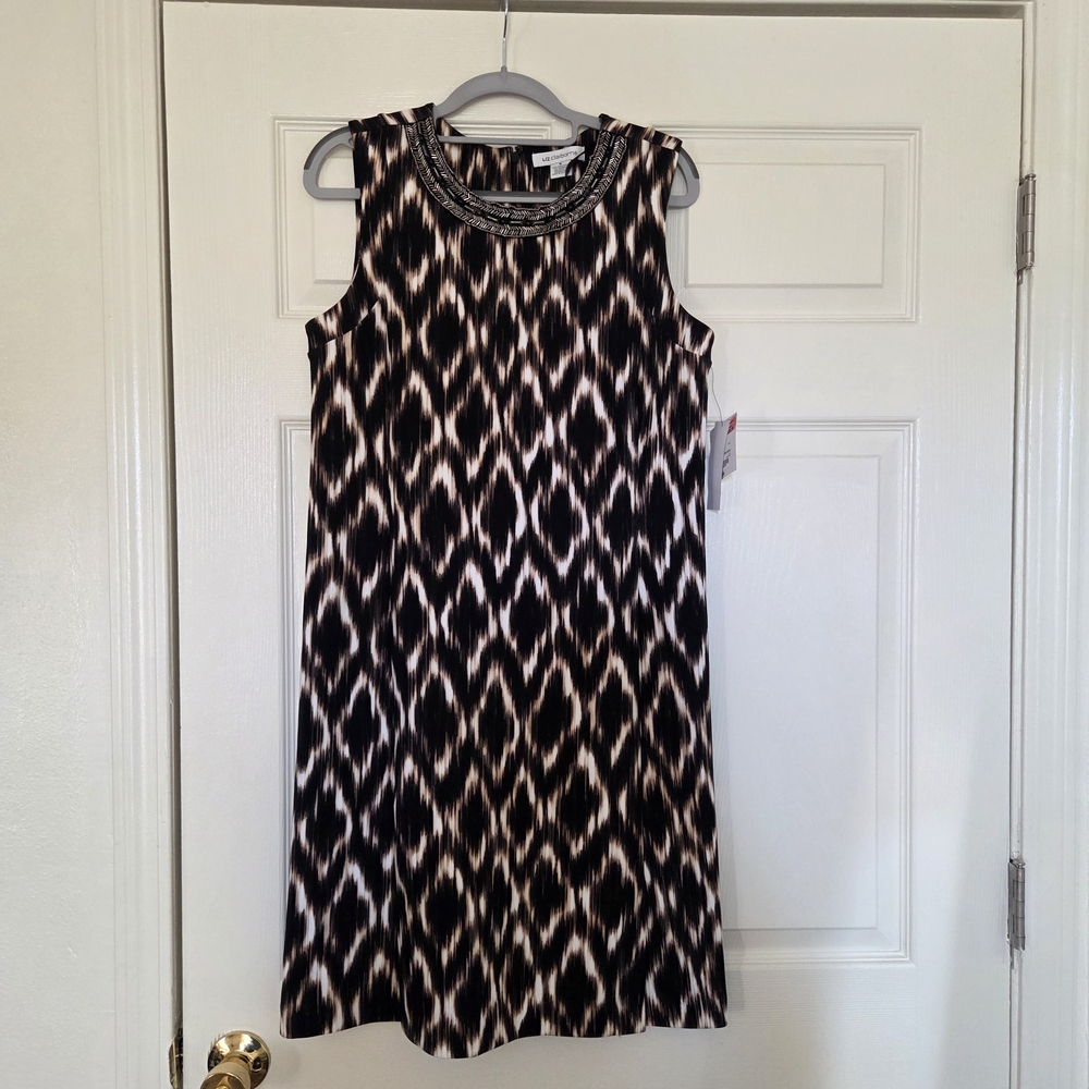 NWT Liz Claiborne Black and Cream Ikat Beaded-Neck Midi Dress
